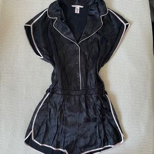 Victoria’s Secret - Black & Pink Satin Logo Pajama / Pj Romper